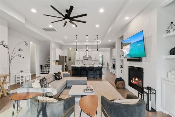 Fireplace, Interior, Kitchen, Living room, Pendant Lights, Recessed Lighting, Wood Texture Flooring