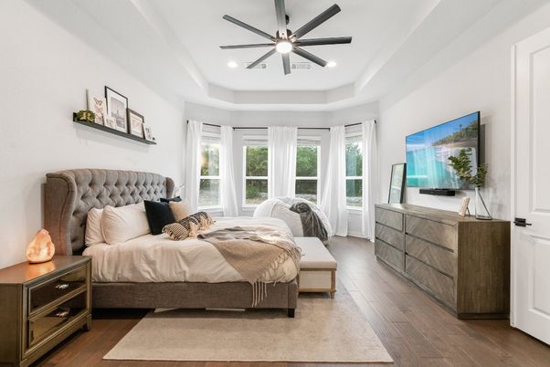 Bedroom, Interior, Recessed Lighting, Wood Texture Flooring