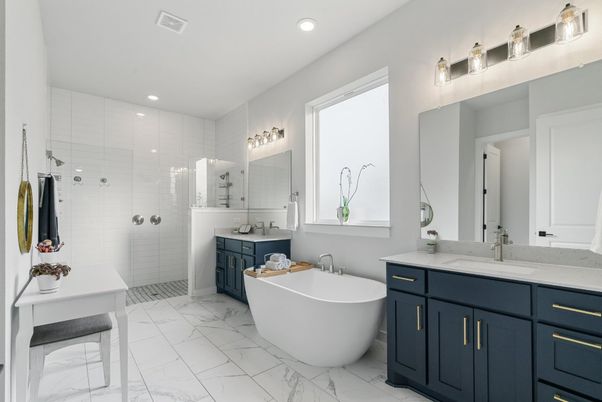 Bathroom, Dual Sink Vanities, Free Standing Baths, Glass Shower, Interior, Marble, Recessed Lighting