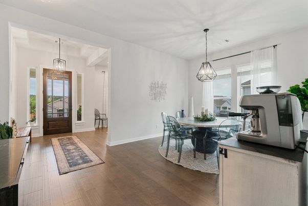 Dining room, Interior, Pendant Lights, Wood Texture Flooring