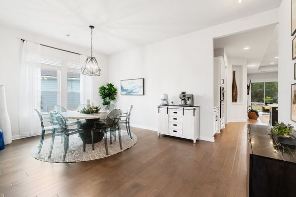 Dining room, Interior, Pendant Lights, Recessed Lighting, Wood Texture Flooring
