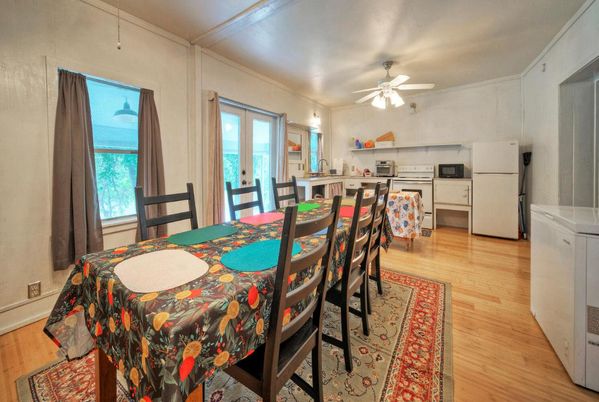 Dining room, Interior, Kitchen, Stainless Steel Appliances, Water, Wood Texture Flooring