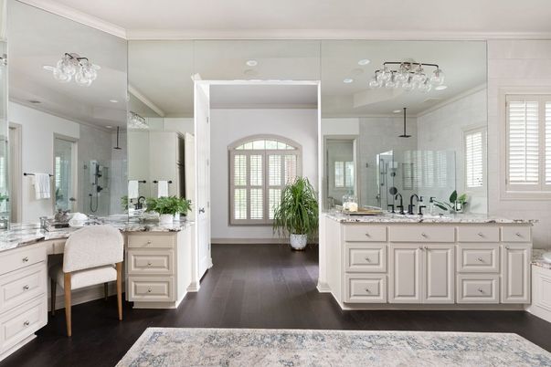 Bathroom, Dual Sink Vanities, Interior, Recessed Lighting, Wood Texture Flooring