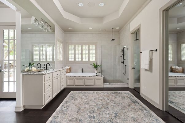 Bathroom, Dual Sink Vanities, Glass Shower, Interior, Recessed Lighting, Wood Texture Flooring