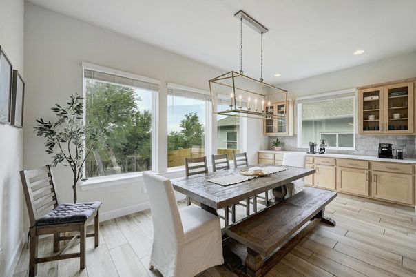 Chandelier, Dining room, Interior, Pendant Lights, Recessed Lighting, Wood Texture Flooring