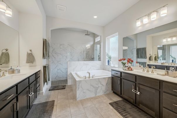 Bathroom, Dual Sink Vanities, Interior, Marble Walls, Recessed Lighting