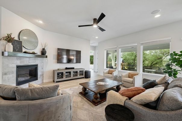 Fireplace, Interior, Living room, Recessed Lighting, Wood Texture Flooring