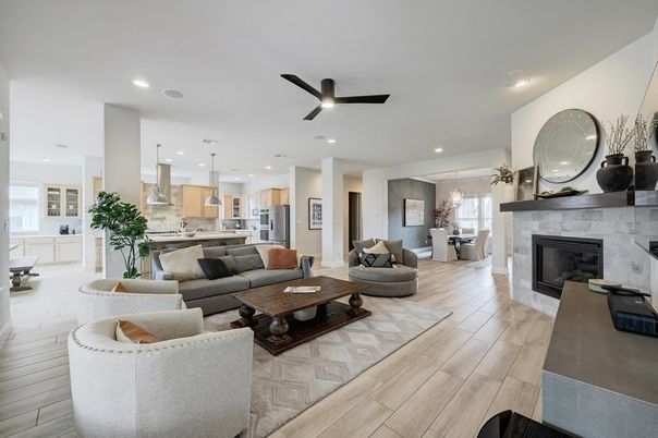 Dining room, Fireplace, Interior, Kitchen, Living room, Pendant Lights, Recessed Lighting, Stainless Steel Appliances, Wood Texture Flooring