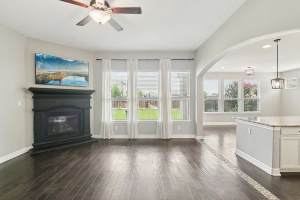 Empty room, Fireplace, Interior, Pendant Lights, Recessed Lighting, Wood Texture Flooring