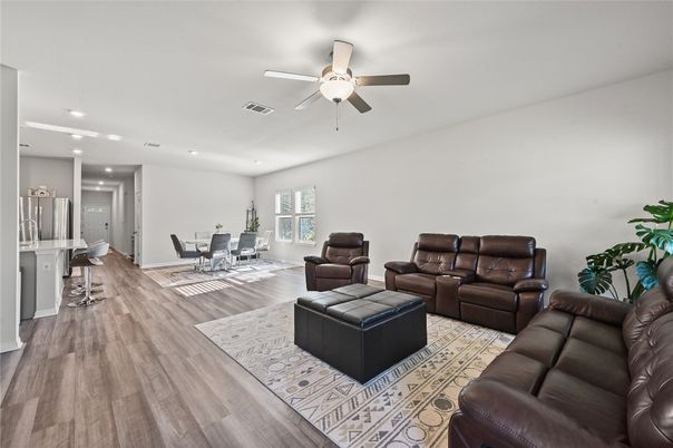 Dining room, Interior, Living room, Recessed Lighting, Wood Texture Flooring