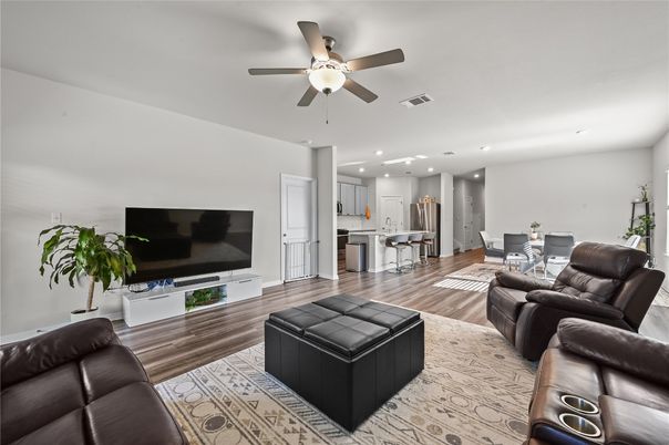 Dining room, Interior, Kitchen, Living room, Recessed Lighting, Wood Texture Flooring