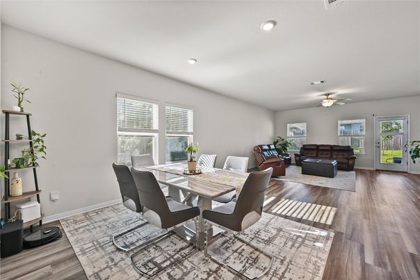 Dining room, Interior, Living room, Recessed Lighting, Wood Texture Flooring