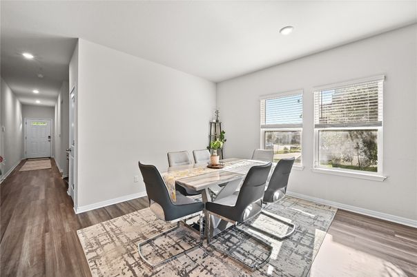 Dining room, Interior, Recessed Lighting, Wood Texture Flooring