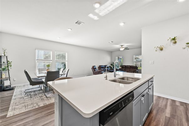 Dining room, Interior, Kitchen, Recessed Lighting, Wood Texture Flooring