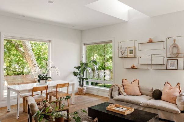 Dining room, Interior, Living room, Recessed Lighting, Wood Texture Flooring