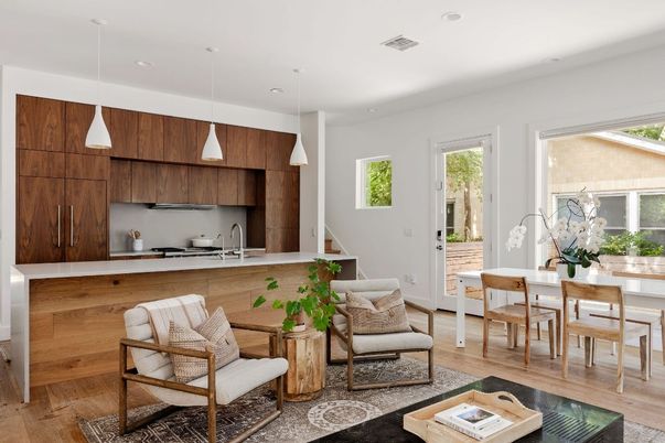 Dining room, Interior, Kitchen, Living room, Pendant Lights, Recessed Lighting, Stainless Steel Appliances, Wood Texture Flooring