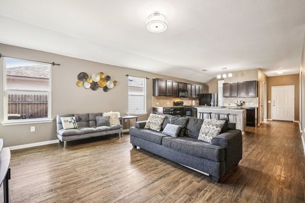 Interior, Kitchen, Living room, Pendant Lights, Stainless Steel Appliances, Wood Texture Flooring