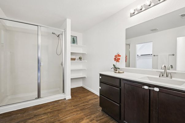 Bathroom, Glass Shower, Interior, Wood Texture Flooring