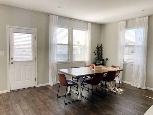 Dining room, Interior, Recessed Lighting, Wood Texture Flooring