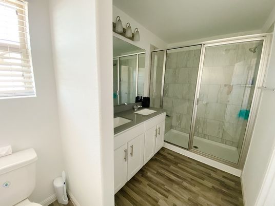 Bathroom, Glass Shower, Interior, Wood Texture Flooring