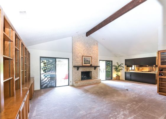 Empty room, Fireplace, Interior, Stone Walls, Wooden Beams