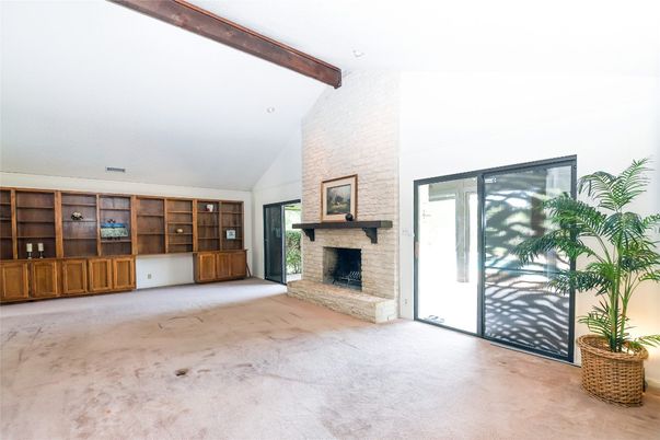 Empty room, Fireplace, Interior, Stone Walls, Wooden Beams