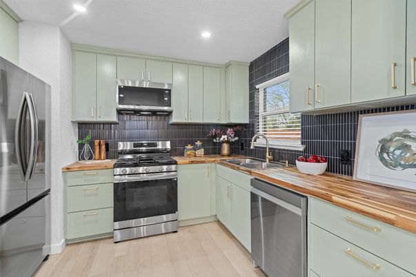 Interior, Kitchen, Recessed Lighting, Stainless Steel Appliances, Wood Texture Flooring