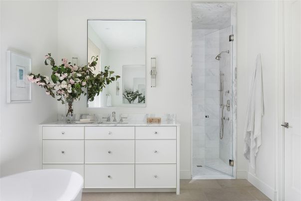 Bathroom, Dual Sink Vanities, Glass Shower, Interior, Marble Walls