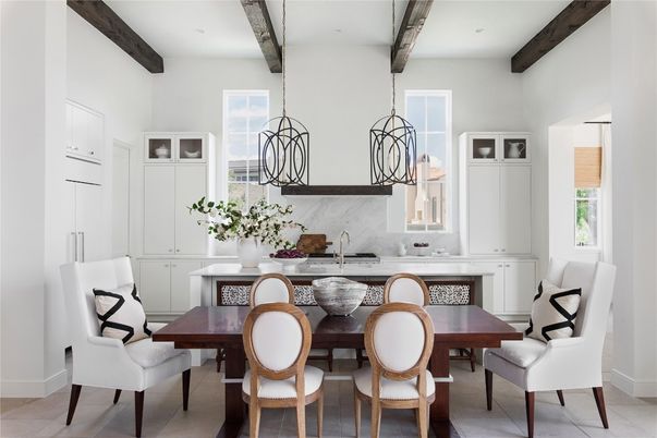 Dining room, Interior, Kitchen, Pendant Lights, Recessed Lighting, Wooden Beams