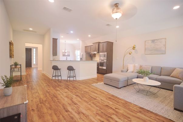 Interior, Kitchen, Living room, Pendant Lights, Recessed Lighting, Stainless Steel Appliances, Wood Texture Flooring