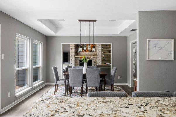 Dining room, Interior, Pendant Lights, Wood Texture Flooring