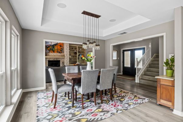 Dining room, Fireplace, Interior, Pendant Lights, Wood Texture Flooring