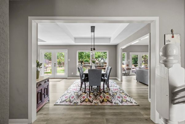 Dining room, Interior, Living room, Pendant Lights, Wood Texture Flooring