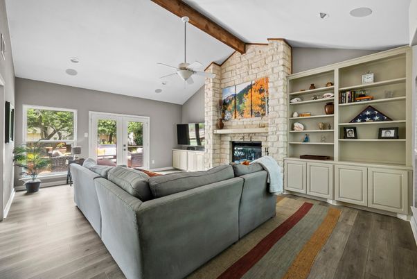 Fireplace, Interior, Living room, Recessed Lighting, Stone Walls, Wooden Beams, Wood Texture Flooring