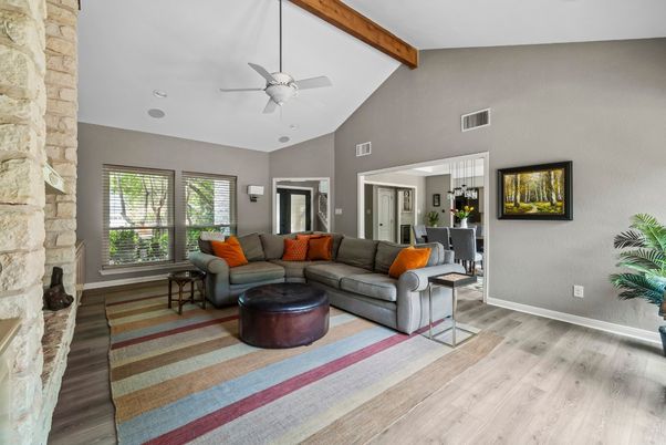 Interior, Living room, Pendant Lights, Stone Walls, Wooden Beams, Wood Texture Flooring