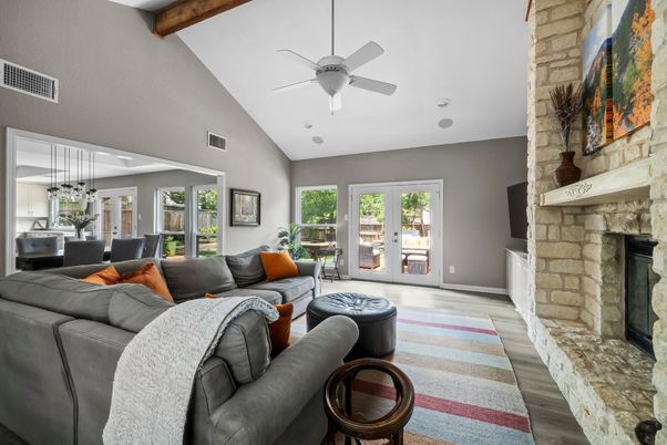 Dining room, Fireplace, Interior, Living room, Pendant Lights, Stone Walls, Wooden Beams, Wood Texture Flooring