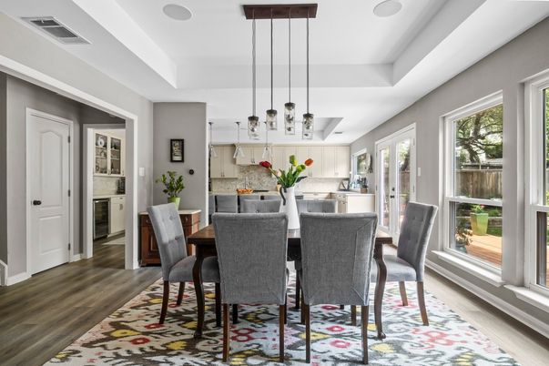 Dining room, Interior, Kitchen, Pendant Lights, Wood Texture Flooring