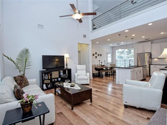 Dining room, Interior, Kitchen, Living room, Pendant Lights, Recessed Lighting, Stainless Steel Appliances, Wood Texture Flooring