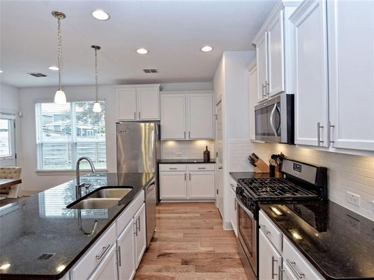 Interior, Kitchen, Pendant Lights, Recessed Lighting, Stainless Steel Appliances, Wood Texture Flooring