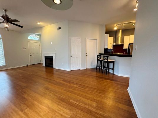 Empty room, Interior, Kitchen, Recessed Lighting, Wood Texture Flooring