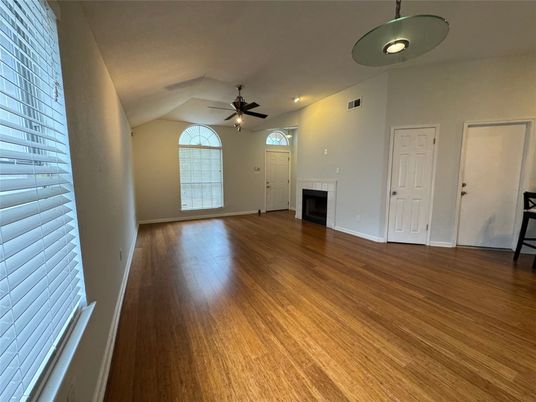 Empty room, Fireplace, Interior, Recessed Lighting, Wood Texture Flooring