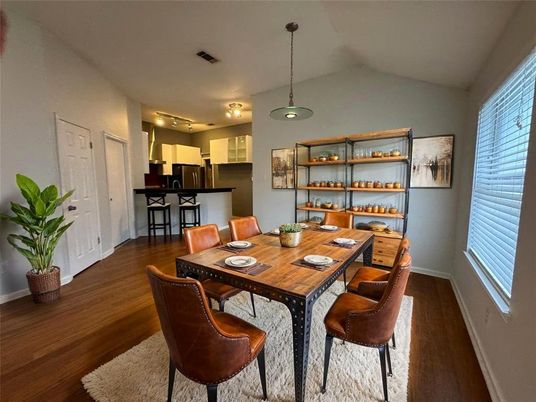 Dining room, Interior, Kitchen, Pendant Lights, Wood Texture Flooring