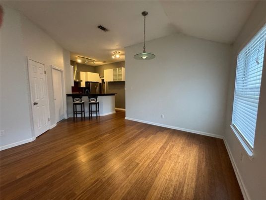 Empty room, Interior, Kitchen, Pendant Lights, Wood Texture Flooring