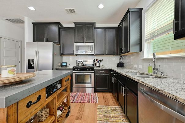 Interior, Kitchen, Recessed Lighting, Stainless Steel Appliances, Wood Texture Flooring