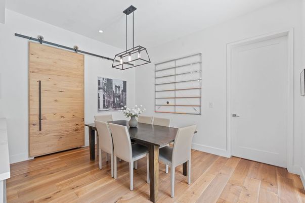 Dining room, Interior, Pendant Lights, Recessed Lighting, Wood Texture Flooring