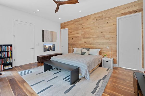 Bedroom, Interior, Recessed Lighting, Wood Texture Flooring, Wooden Walls