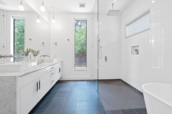 Bathroom, Dual Sink Vanities, Free Standing Baths, Glass Shower, Interior, Pendant Lights