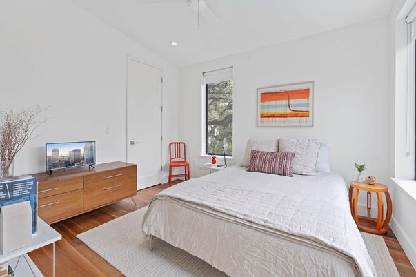 Bedroom, Interior, Recessed Lighting, Wood Texture Flooring