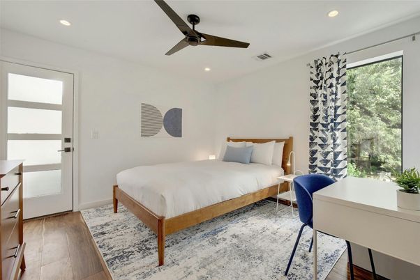 Bedroom, Home Office, Interior, Recessed Lighting, Wood Texture Flooring
