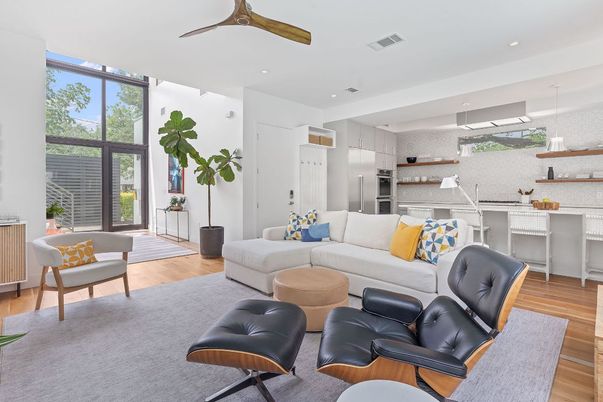 Interior, Kitchen, Living room, Pendant Lights, Recessed Lighting, Stainless Steel Appliances, Wood Texture Flooring